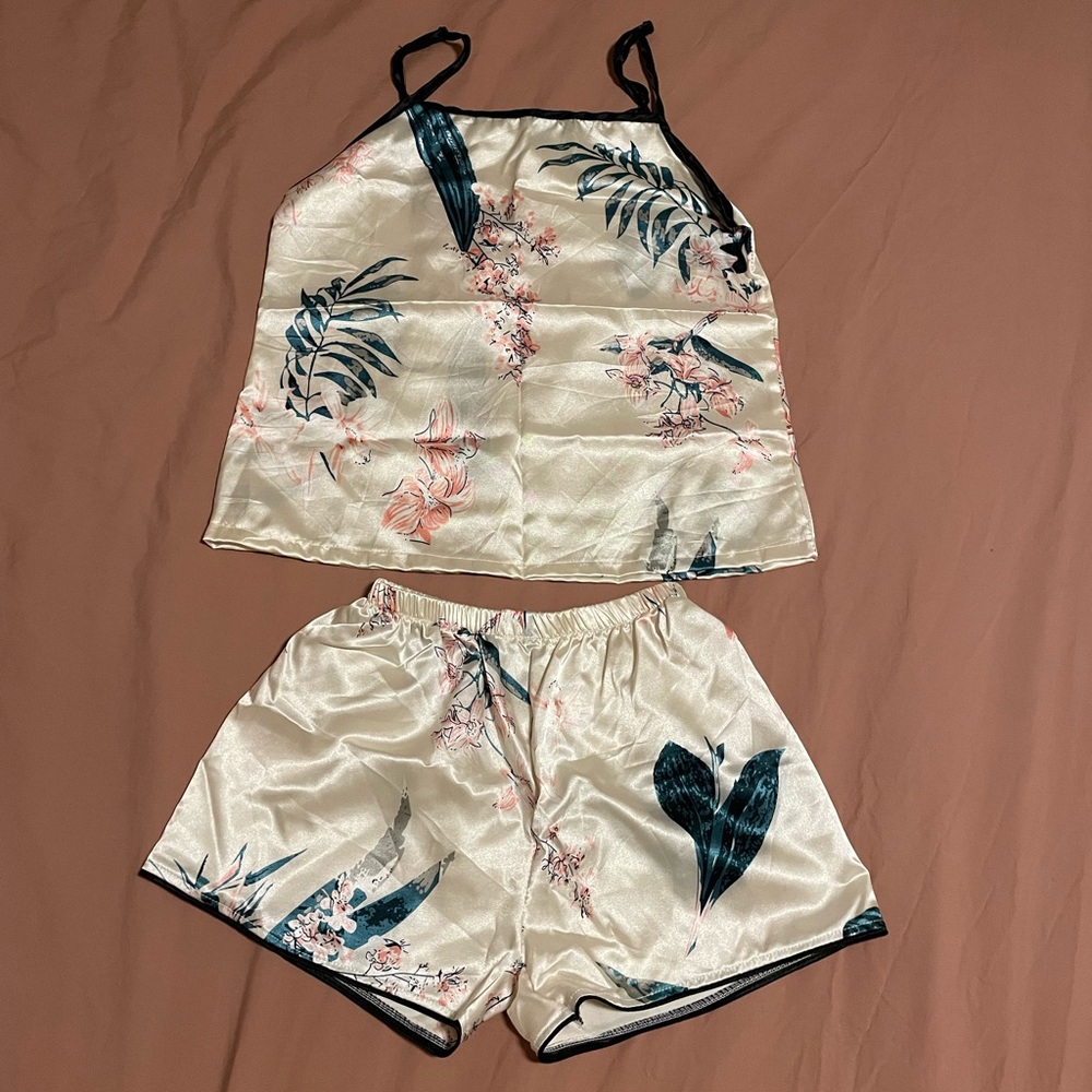 Satin floral print cream cami shorts pajama set